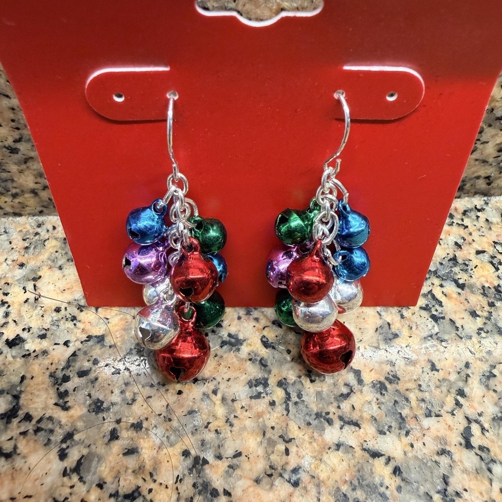 Jingle Bell Dangle Chandelier Earrings Silver Tone Multicolor Womens Holiday